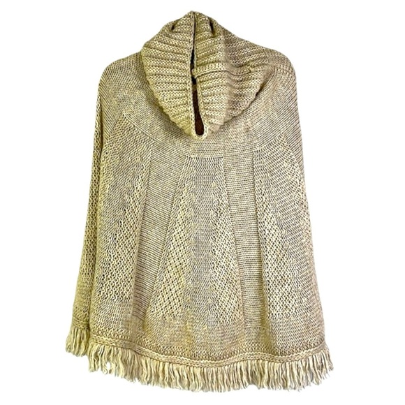 SPERICO knit cowl neck fringed hem poncho One Size oatmeal color - Picture 1 of 9
